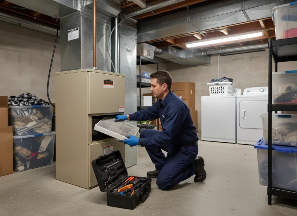 Technician inspecting furnace and replacing clogged air filter during winter checkup