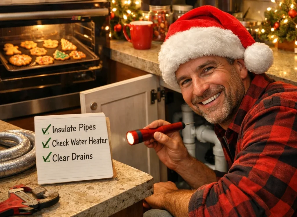 Homeowner preparing kitchen plumbing for winter with a holiday checklist and baking in progress.