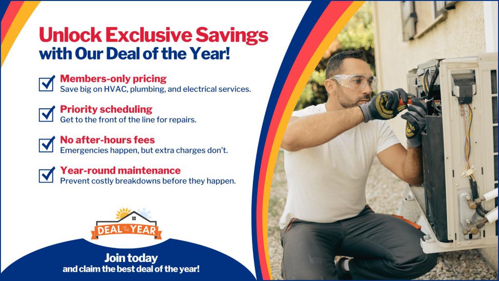 This is an image of an HVAC technician working on an AC unit on the side of the house. The headline reads unlock Exclusive savings with our deal of the year!