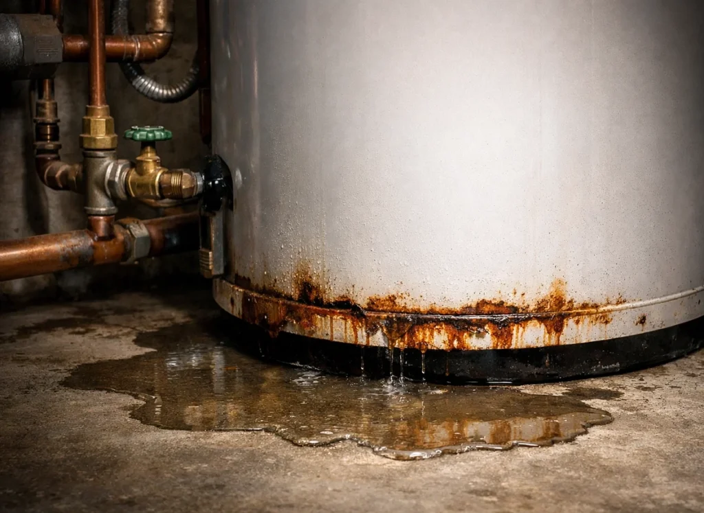 Rusting water heater leaking from bottom seam in basement
