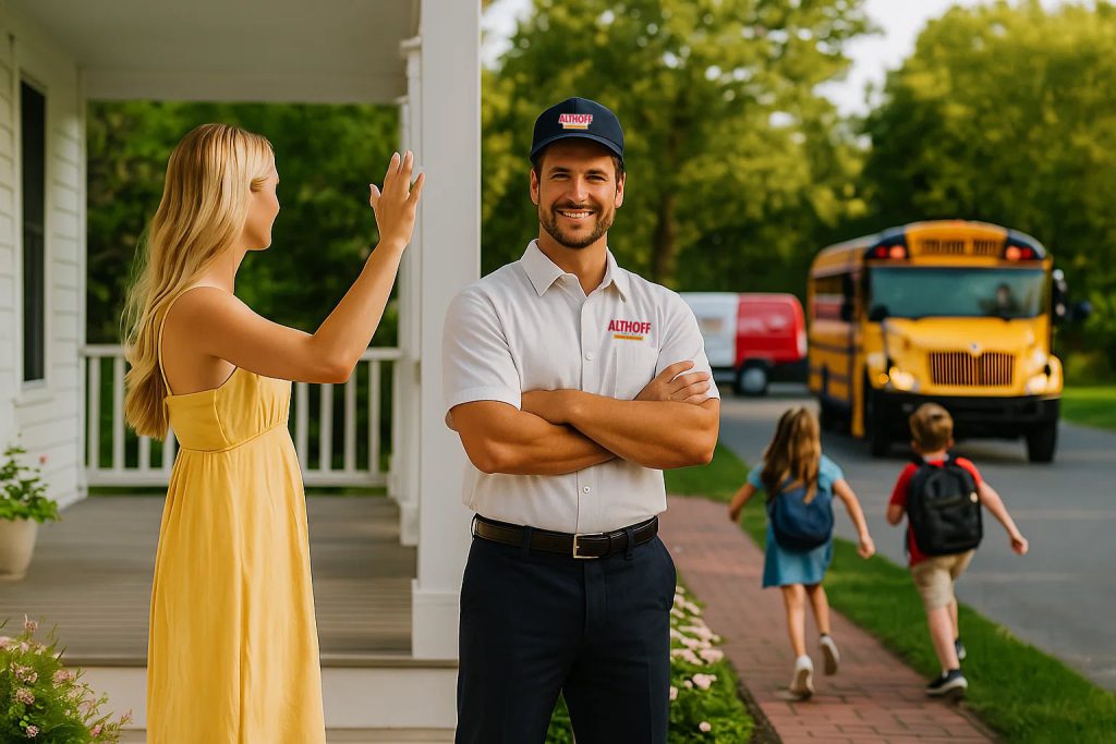 An image of a Althoff HVAC tech with a homeowner as the kids run off to school.