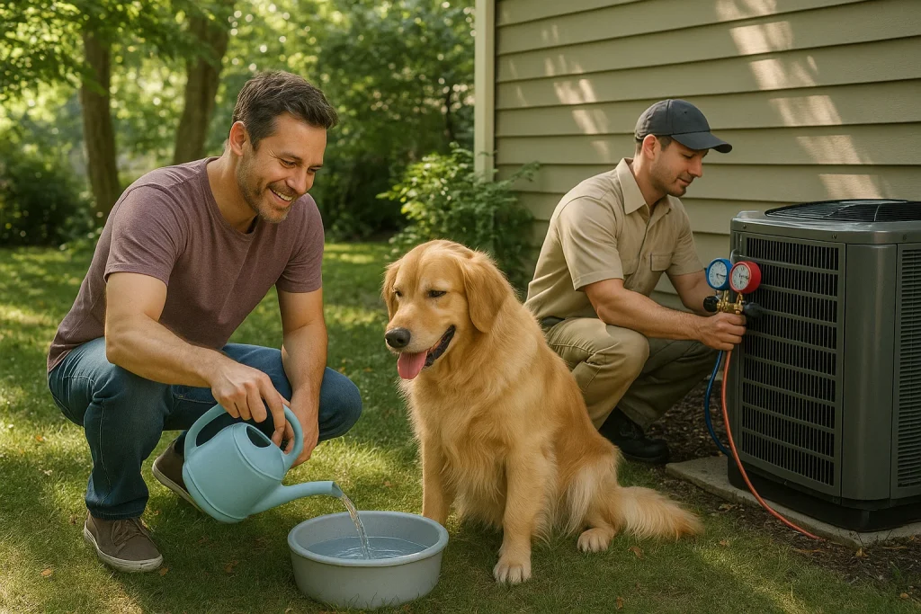 Homeowner and HVAC technician in backyard with dog during summer AC service