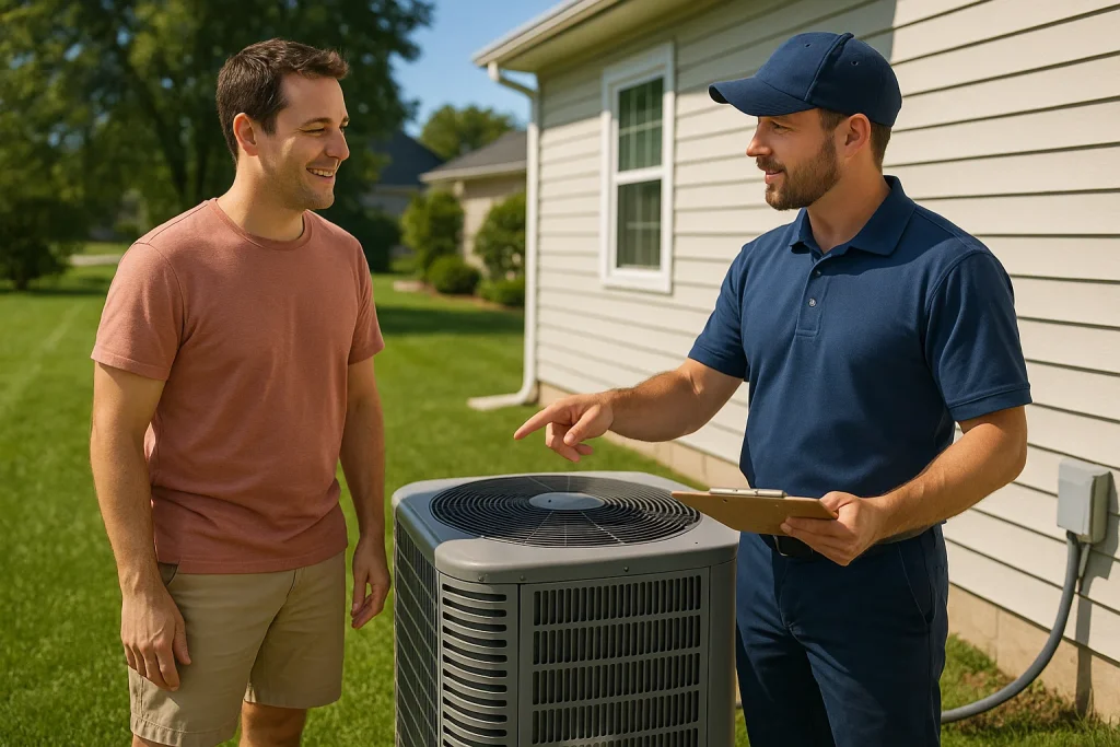 Homeowner discussing early AC service with technician in front yard