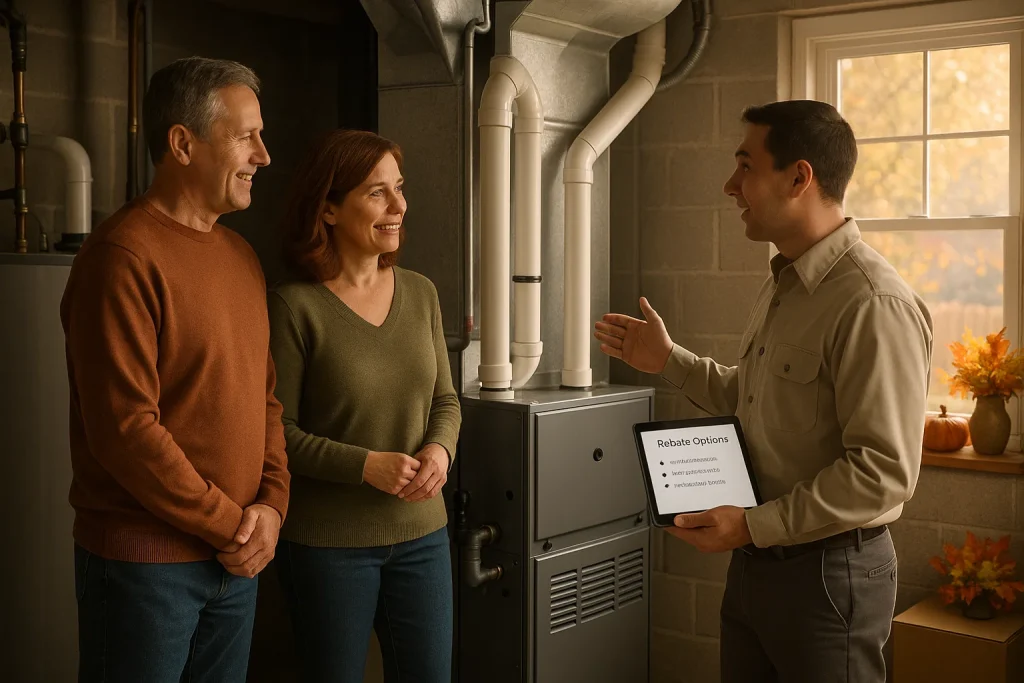 homeowners discussing fall HVAC upgrade and rebate with technician in Chicagoland home
